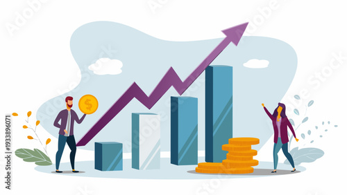 Business people celebrate financial growth with rising graph and coins