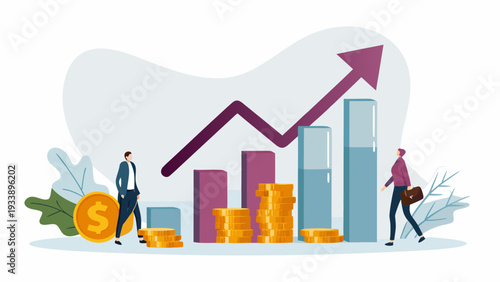 Business growth concept with people near rising graph and gold coins