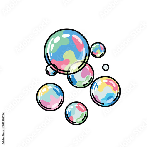 Vibrant bubbles floating in the air with colorful reflections and playful movements captured from a close-up viewpoint