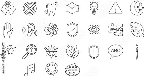 Education and knowledge outline icon set with lightbulb, shield, puzzle, atom, tooth, ear, music, and creative symbols isolated on white background for learning design