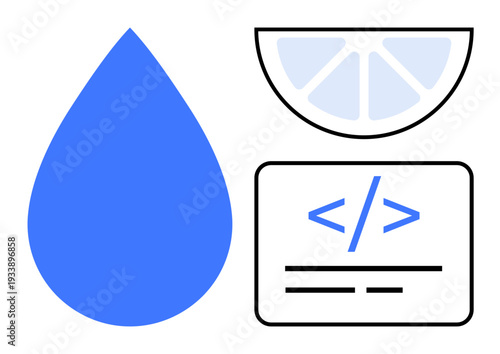 Technology, creativity, agriculture, water conservation, programming, sustainability. Blue water drop, line art of a citrus slice and a code snippet symbol. Technology and water conservation concept