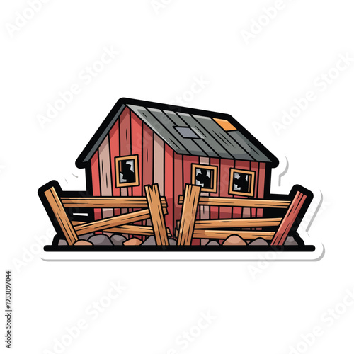 Illustration of a red barn with a broken wooden fence in a rural landscape from a frontal viewpoint