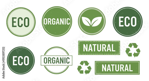 Collection of green eco friendly and organic labels with text and symbols