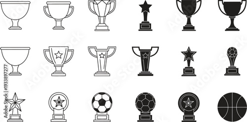 Collection of various trophies and awards in black and white