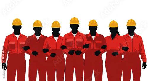 Group of Workers in Red Uniforms.