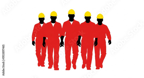 Group of Workers in Red Uniforms.