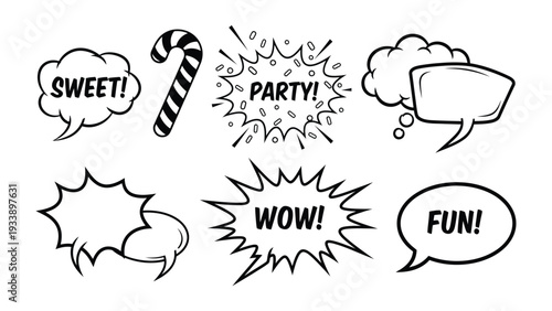 Speech Bubble Set: Captivating collection of illustrated speech bubbles, each designed to express dynamic and diverse sentiments, ideal for adding playful elements to design. 