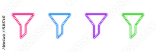 Neon glowing funnel vector icons set, filter, sort, data, process, optimize, vibrant colorful digital design illustration on transparent background.