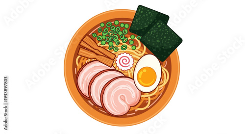 Delicious Ramen Bowl Top View: Noodles, Egg, Pork, Green Onions