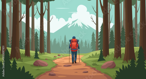 Hiker with Backpack on Forest Trail Towards Mountains