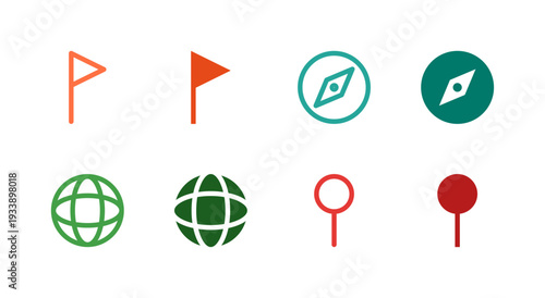 Flat Colored Flag, Compass, Globe, Map pin Icon Set for System Interface