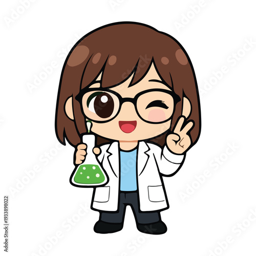 Foto Cute Chibi Scientist Girl Winking with Green Flask – Flat Vector Character