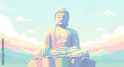 Serene Buddha Statue in Pastel Mountain Landscape