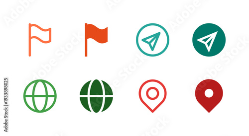Flat Colored Flag, Compass, Globe, Map pin Icon Set for System Interface
