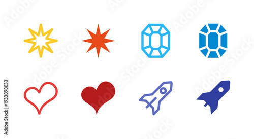 Flat Colored Star, Diamond, Heart, Rocket Icon Set for System Interface