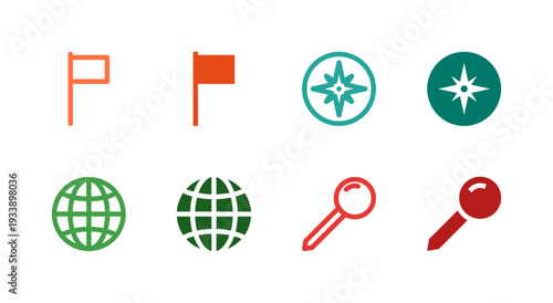 Flat Colored Flag, Compass, Globe, Map pin Icon Set for System Interface