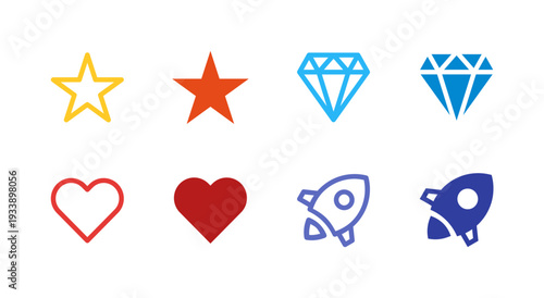 Flat Colored Star, Diamond, Heart, Rocket Icon Set for System Interface