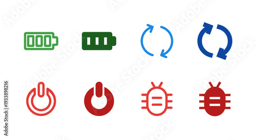 Flat Colored Battery, Restart, Power, Bug report Icon Set for System Interface