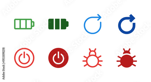 Flat Colored Battery, Restart, Power, Bug report Icon Set for System Interface