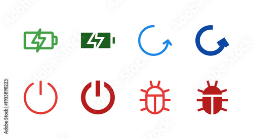 Flat Colored Battery, Restart, Power, Bug report Icon Set for System Interface