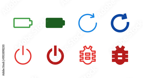 Flat Colored Battery, Restart, Power, Bug report Icon Set for System Interface