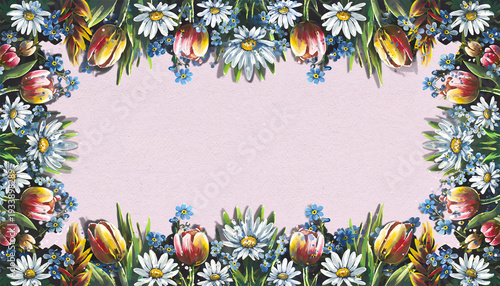 painting creating a colorful spring floral border with daisies tulips and forget-me-nots framing a light pink textured background offering space for copy