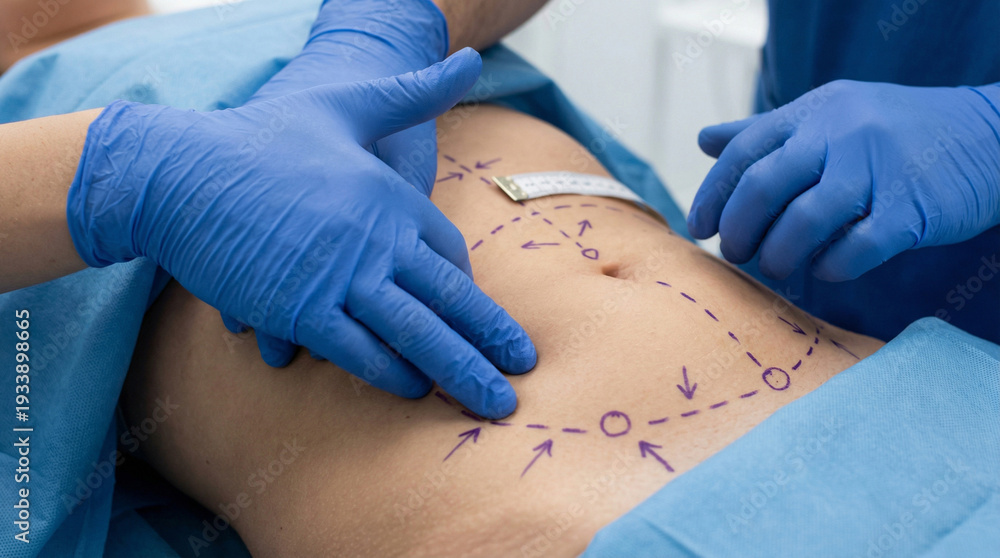 Fototapeta premium Detailed cropped close-up of plastic surgeon's gloved hands examining and marking woman's abdomen before liposuction procedure, pre-operative consultation - cinematic editorial portrait