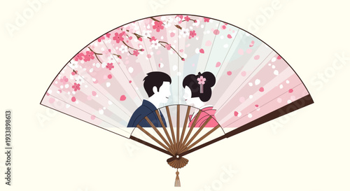Couple in Love on Japanese Fan with Cherry Blossoms