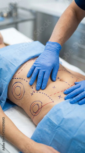 Detailed cropped close-up of plastic surgeon's gloved hands examining and marking woman's abdomen before liposuction procedure, pre-operative consultation - cinematic editorial portrait