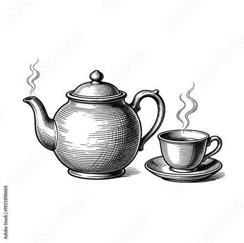Antique teapot and teacup etching illustration for vintage tea cafe concept