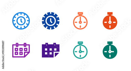 Flat Colored Clock Timer Stopwatch Calendar Icon Set for Time Interface