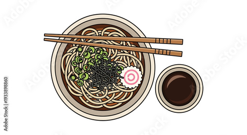 Japanese Udon Noodles with Chopsticks and Soy Sauce