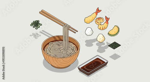 Pixel Art Udon Noodle Soup with Tempura and Ingredients