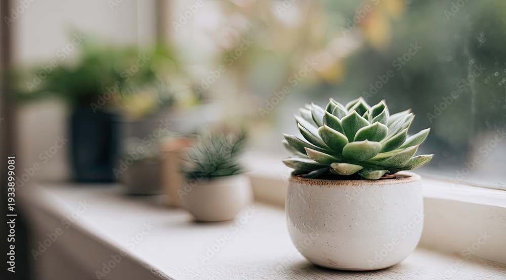 Fototapeta premium Close-up of a succulent in a small white pot on a windowsill, with other plants in the background