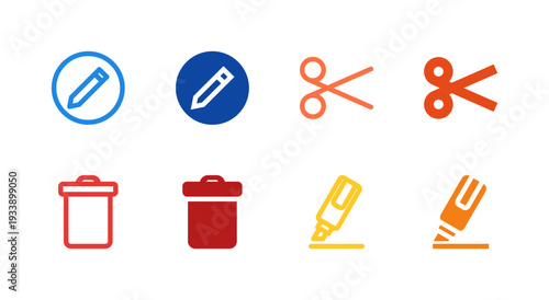 Flat Colored Edit Cut Delete Highlight Icon Set for Editing Interface