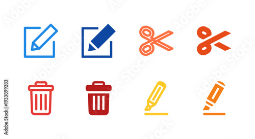 Flat Colored Edit Cut Delete Highlight Icon Set for Editing Interface