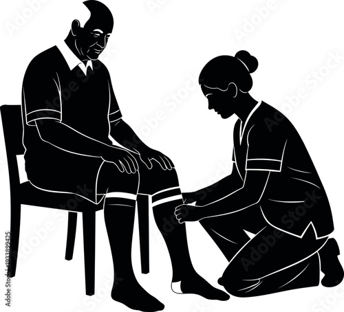 Nurse Applying Compression Stockings to Elderly Patient | Medical Silhouette of Caregiver Assisting Senior with Ted Hose or Elastic Bandages for Edema and DVT Prevention.
