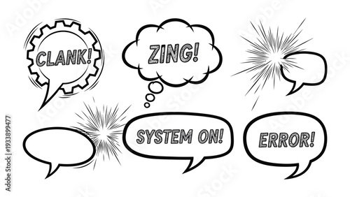 Comic book speech bubbles explosion sound effects: A set of dynamic speech bubbles with exclamation words. Capturing the essence of comic-inspired text.