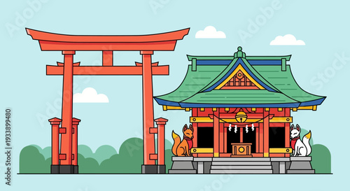 Japanese Shrine with Torii Gate and Fox Statues