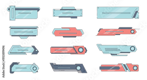 Collection of futuristic geometric shapes resembling weapon attachments