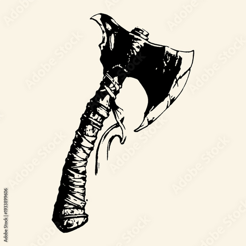 Viking Tomahawk Battle Axe Bound Handle Bold Ink Illustration