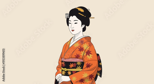 Traditional Japanese Woman in Kimono with Maple Leaves