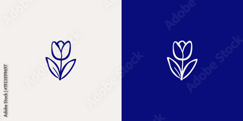 Modern minimalist tulip line icon presented in two color variations: blue outline on light background and white outline on deep blue background. Clean hand-drawn style with smooth contours and simple 