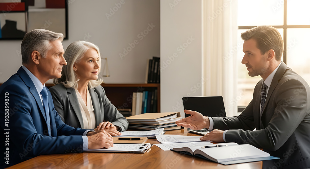 Obraz premium Senior couple meeting with professional attorney to discuss legal contracts and financial planning