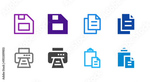 Flat Colored Save Print Copy Paste Icon Set for Document Interface