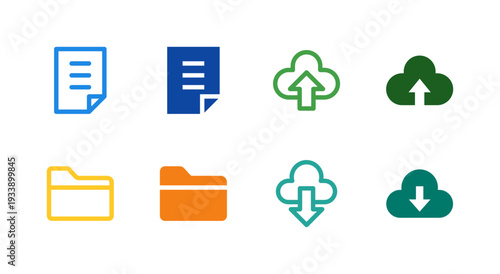 Flat Colored File Folder Upload Download Icon Set for Storage Interface