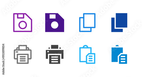 Flat Colored Save Print Copy Paste Icon Set for Document Interface