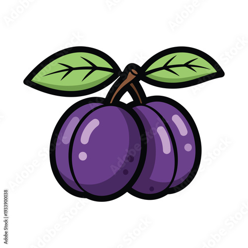 A cartoon illustration of three purple plums with green leaves on a stem viewed from the front