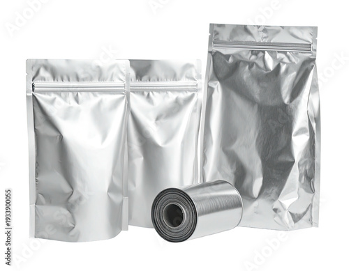Shiny metallic pouches and roll against a transparent background