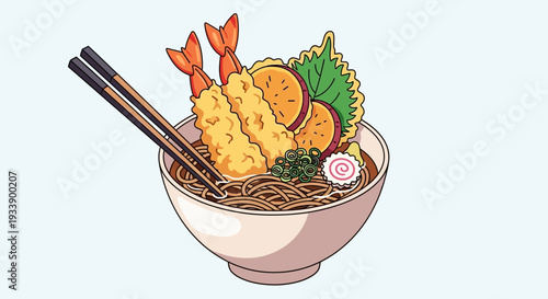 Delicious Soba Noodles with Shrimp Tempura and Sweet Potato